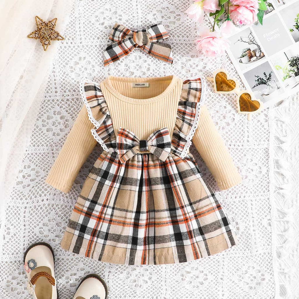 Girls Khaki Checkered Print Full Sleeves Winterwear Dress Casual Dresses Khaki 6-9 M 