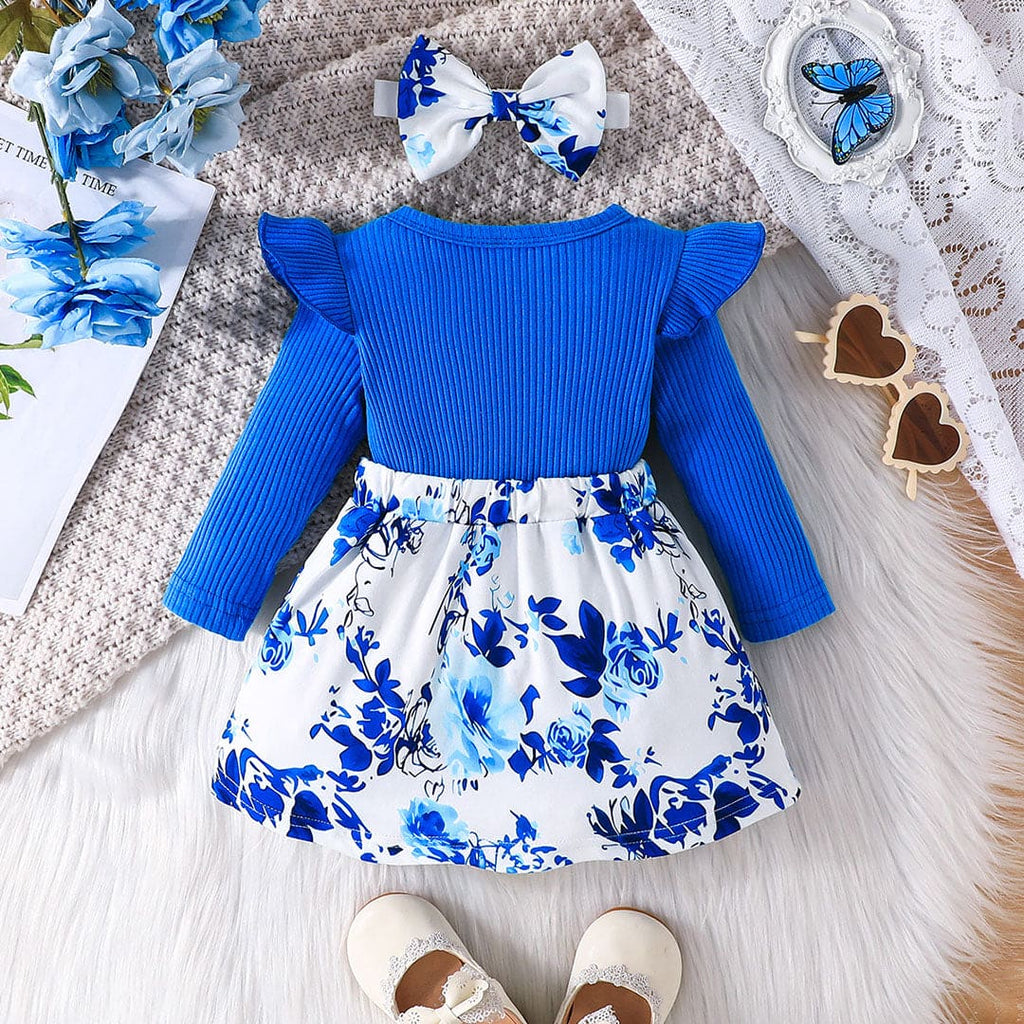 Girls Blue Long Sleeve Printed Fit & Flare Dresses With Bow Casual Dresses Blue 3-6 M 