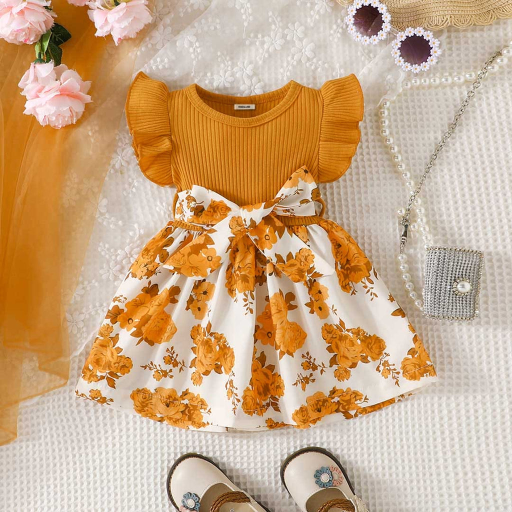 Girls Yellow Floral Print Flared Sleeves Fit & Flare Dress Casual Dresses Yellow 3-6 M 