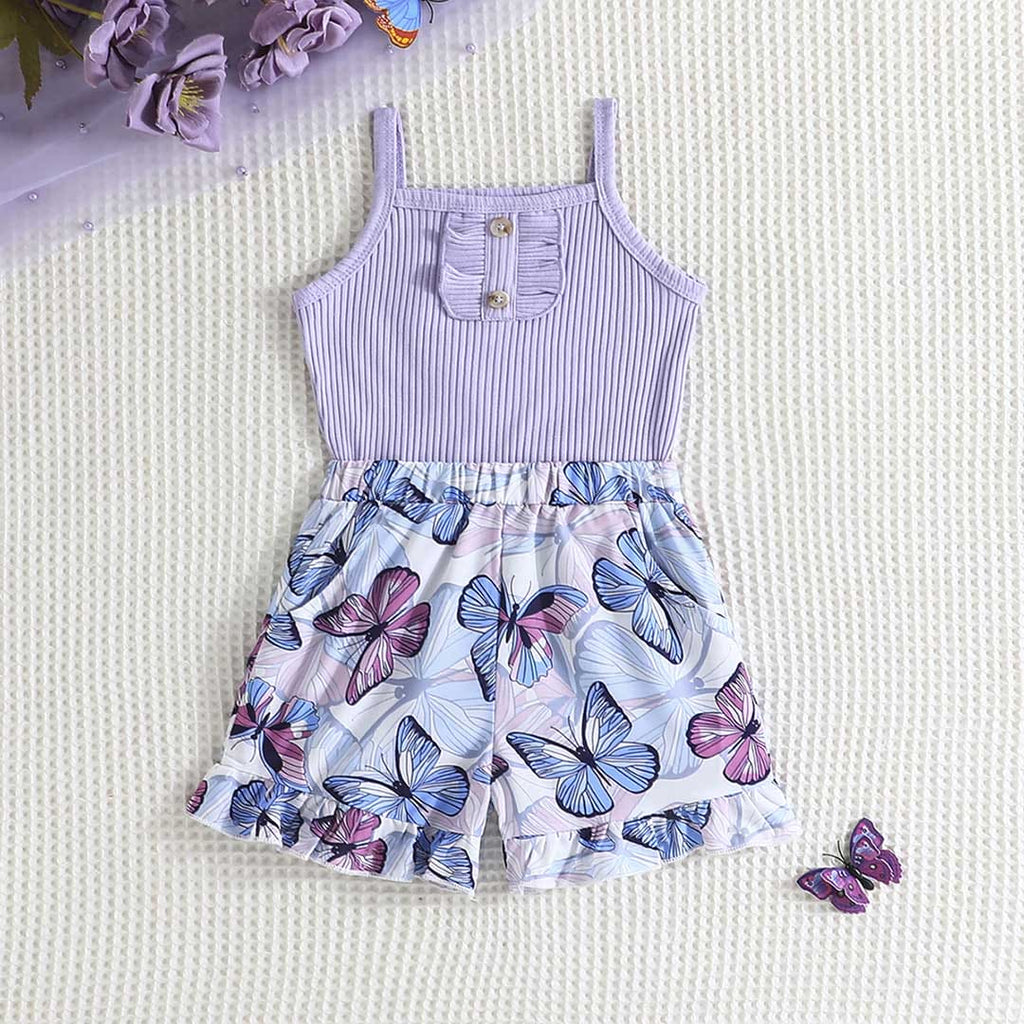 Girls Purple Strappy Top with Butterflies Print Shorts Set Sets Purple 1-2 Y 