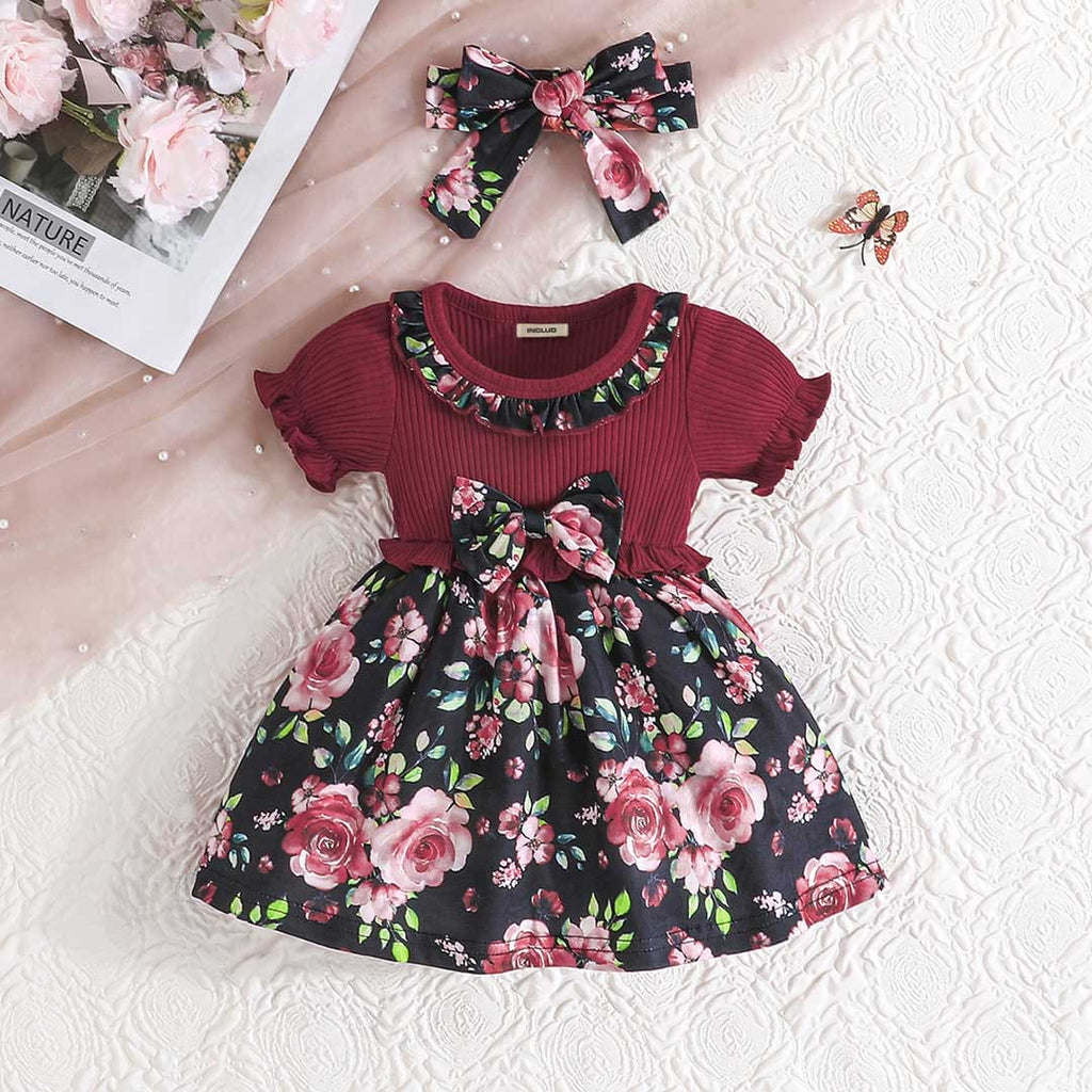 Girls Maroon Floral Print Fit & Flare Causal Dress Casual Dresses Maroon 3-6 M 