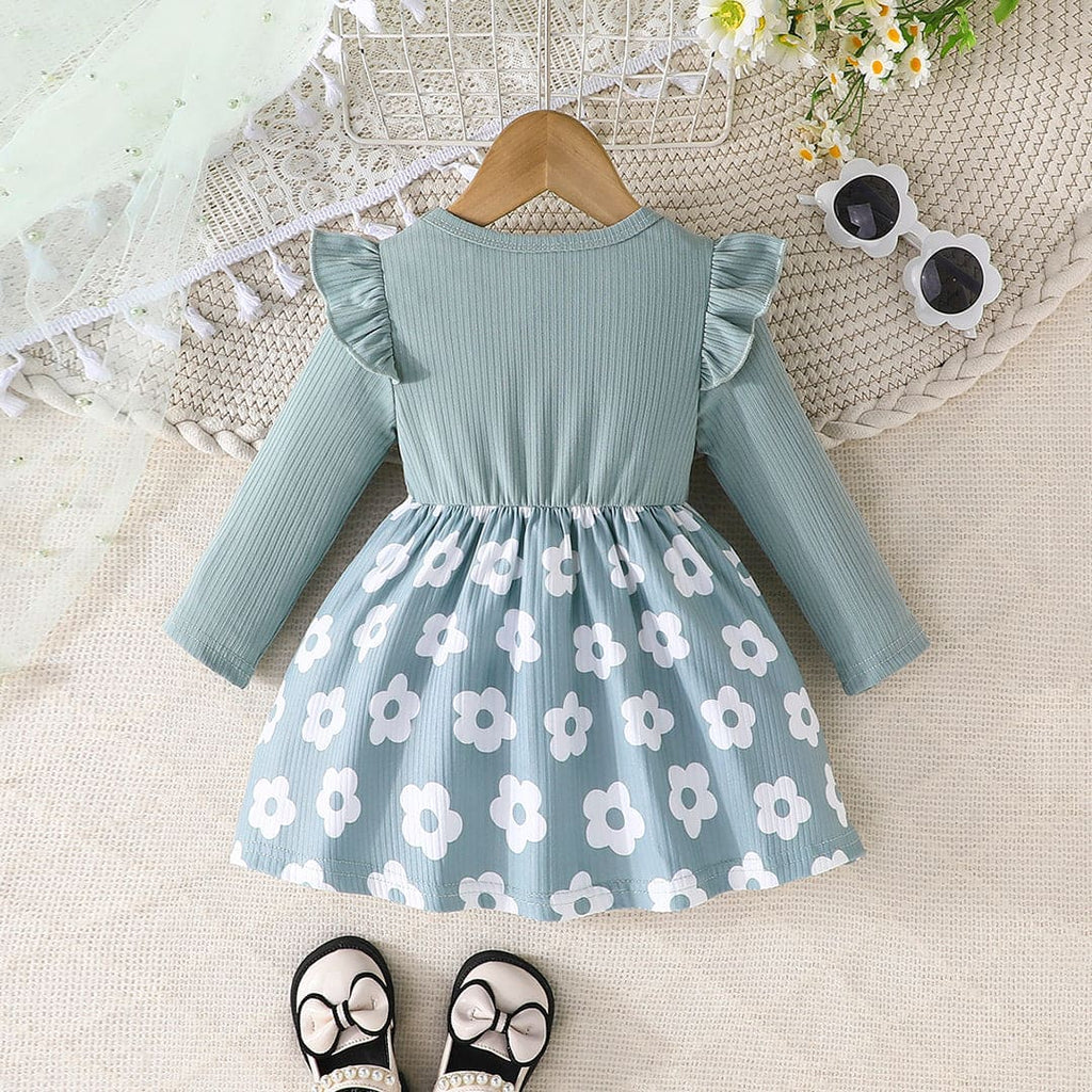 Girls Green Floral Print Full Sleeves Fit & Flare Dress Casual Dresses   