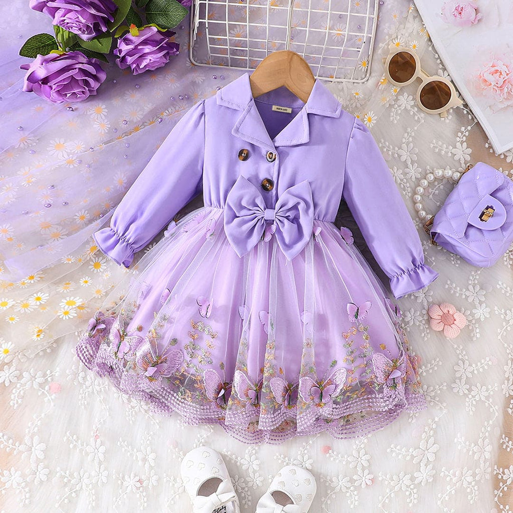 Girls Purple Butterfly Embroidery Long Sleeve Dresses Casual Dresses Purple 3-6 M 