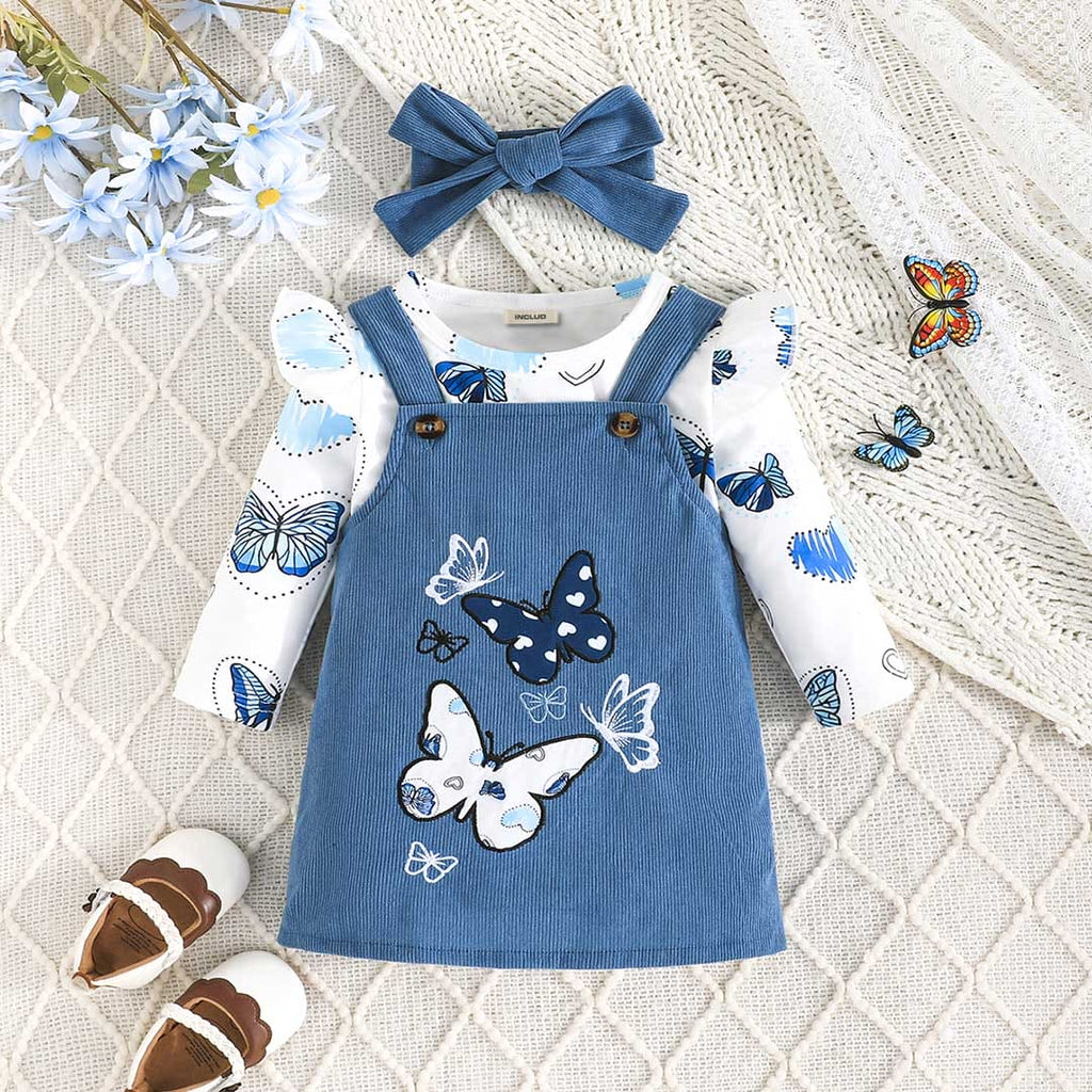 Girls Blue Butterfly Print Full Sleeves Pinafore Dress Casual Dresses Blue 6-9 M 