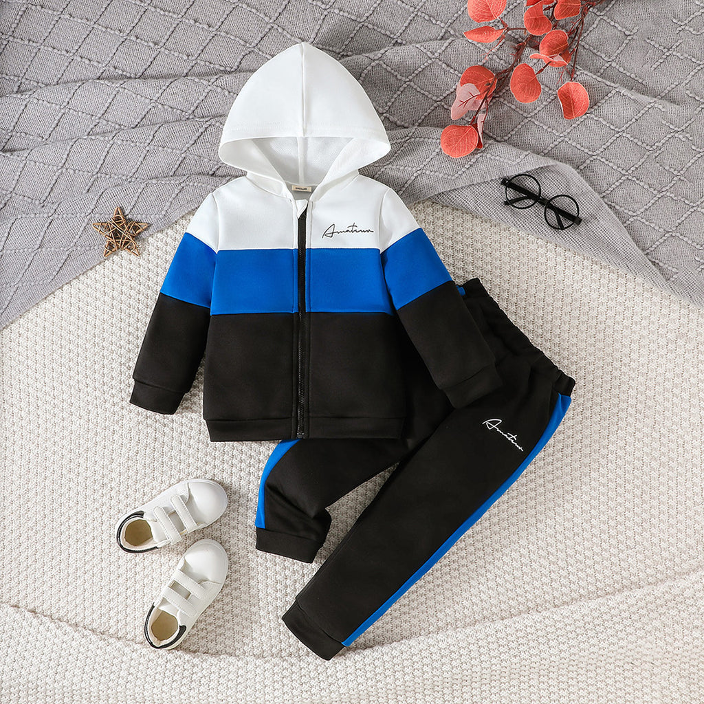 Boys Blue Colorblocked Hooded Sweatshirt with Pants Set Sets Blue 1-2 Y 