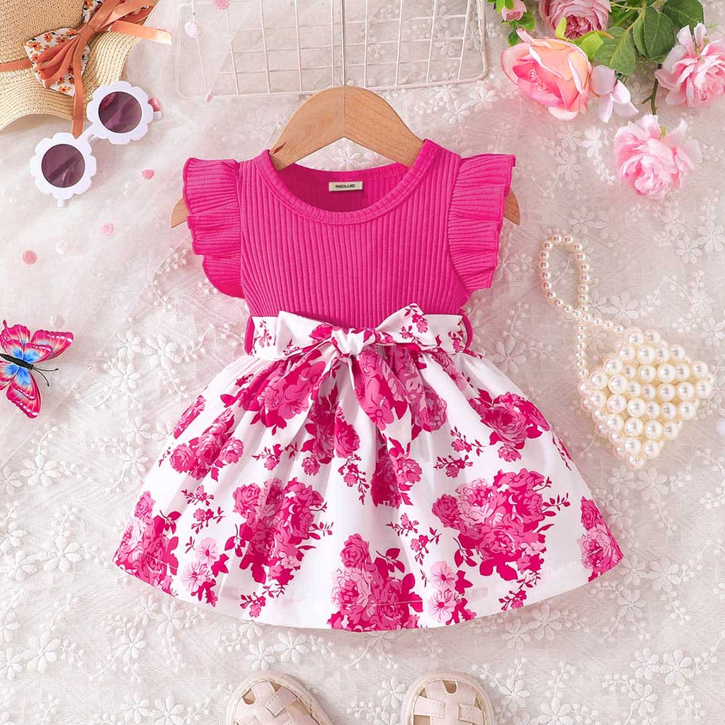 Girls Pink Floral Print Flared Sleeves Casual Dress Casual Dresses Pink 3-6 M 