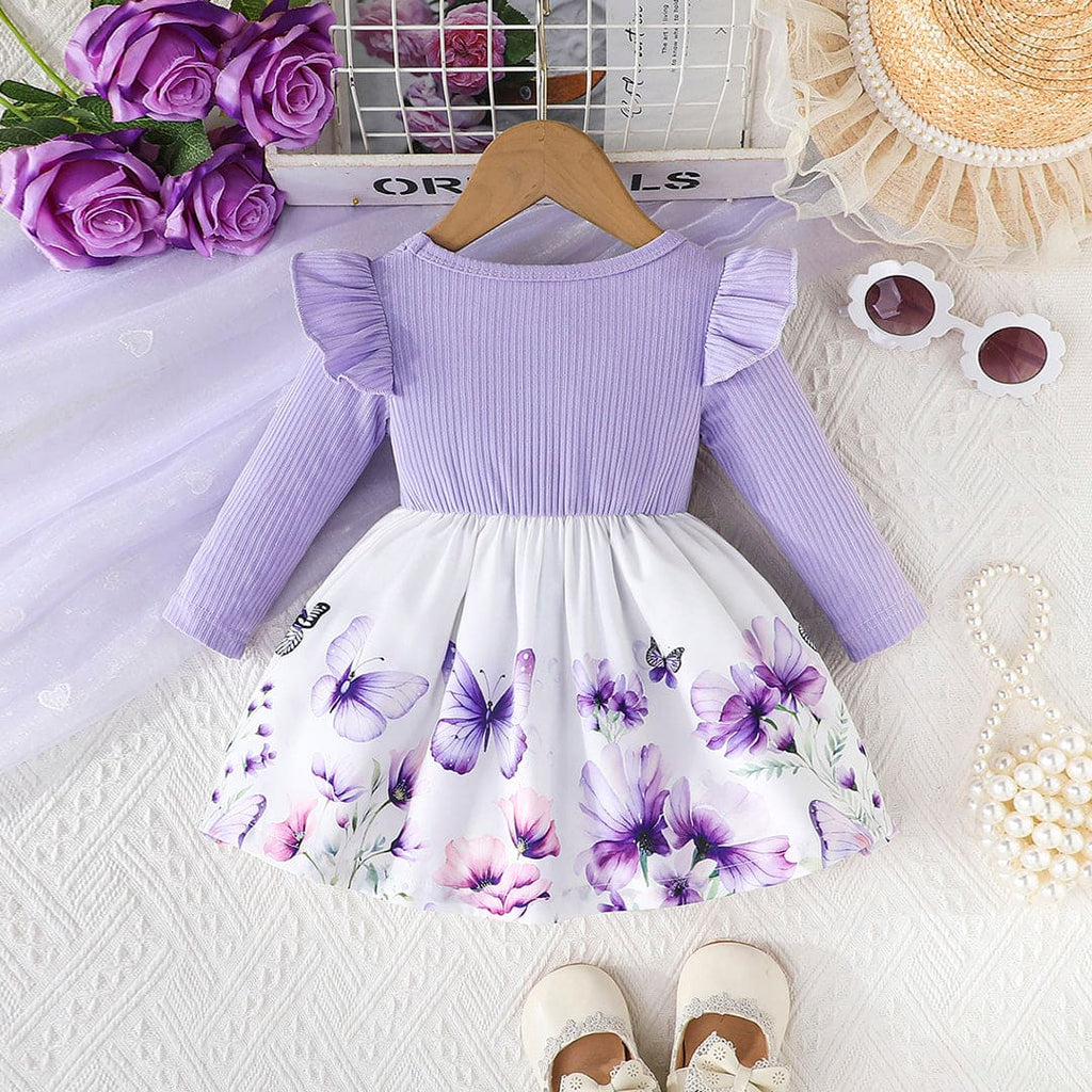 Girls Purple Butterfly Printed Long Sleeve Dresses Casual Dresses Purple 3-6 M 