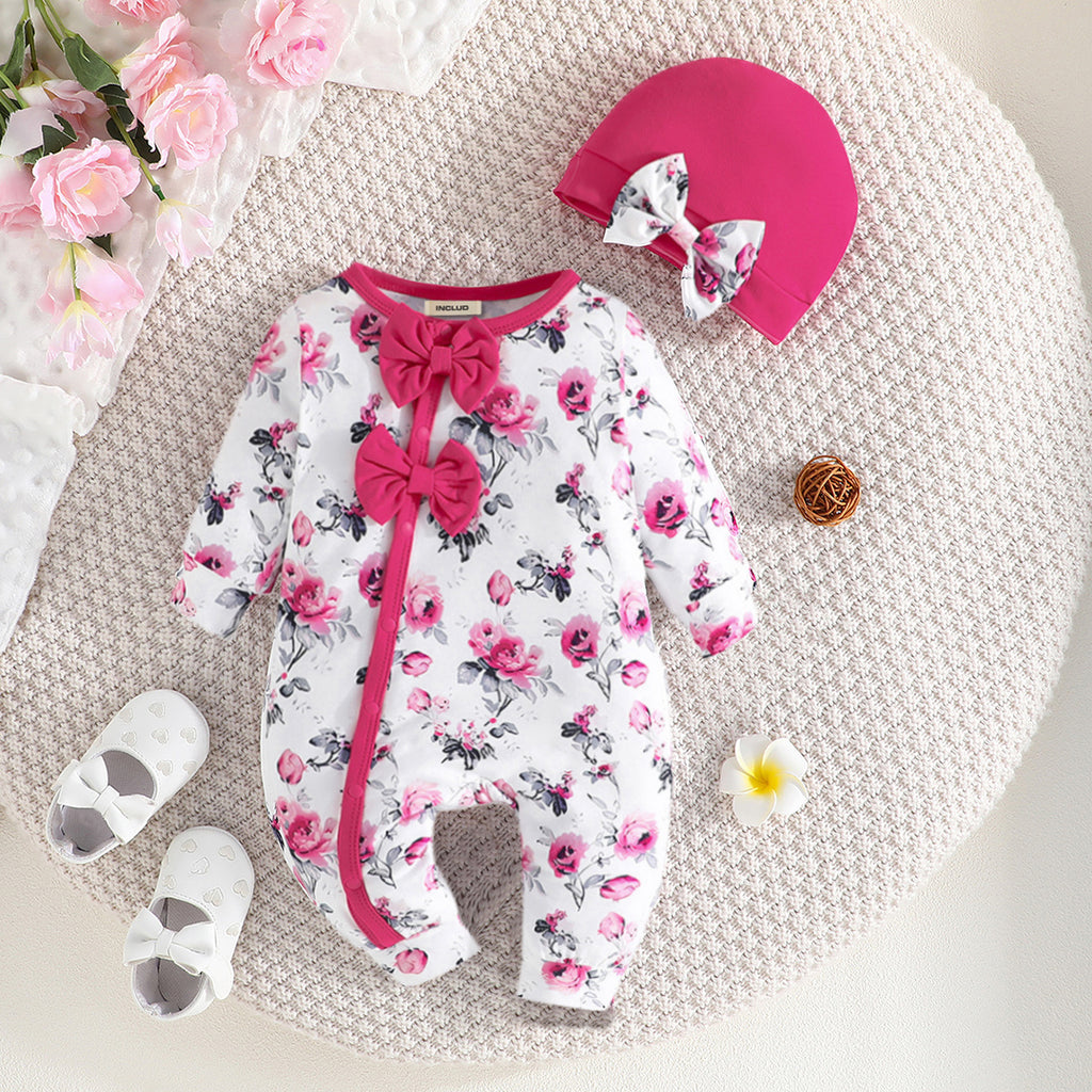 Girls Pink Floral Print Full Sleeves Jumpsuit Jumpsuits Pink 0-3 M 