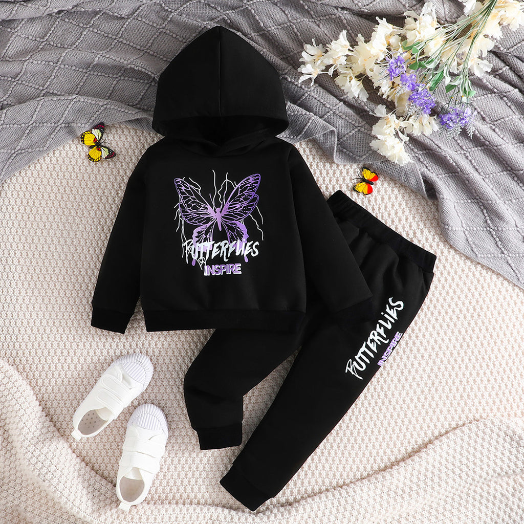 Girls Black Butterflies Print Full Sleeves Hooded Sweatshirt with Trouser Set Sets Black 2-3 Y 