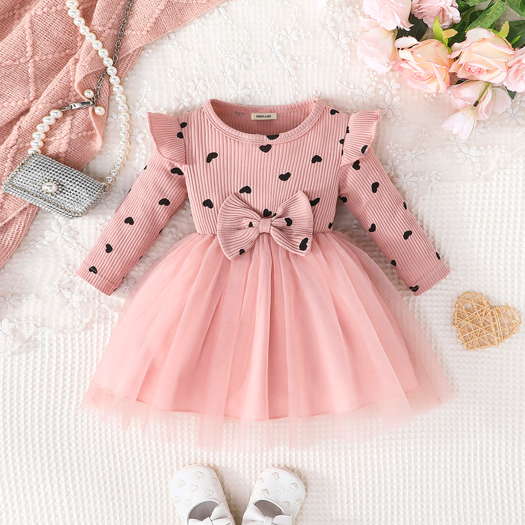 Girls Pink Long Sleeve Heart Print Dresses Casual Dresses Pink 6-9 M 