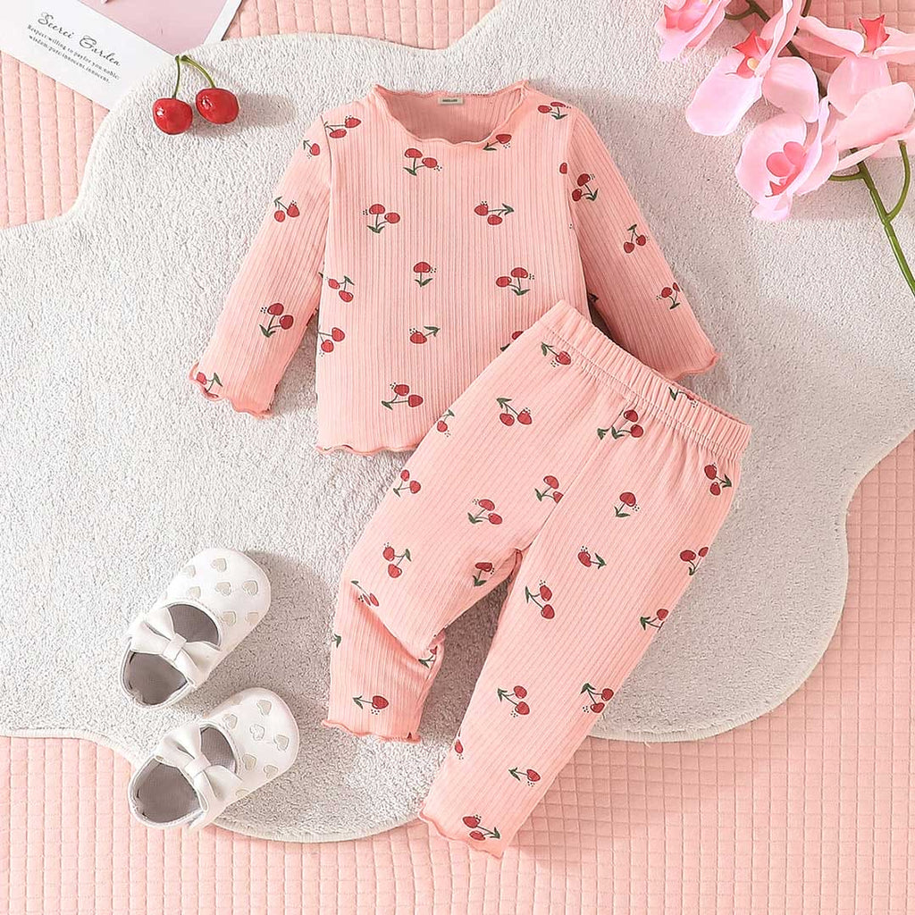 Girls Peach Cherry Print Full Sleeves Top with Pants Set Sets Peach 0-3 M 