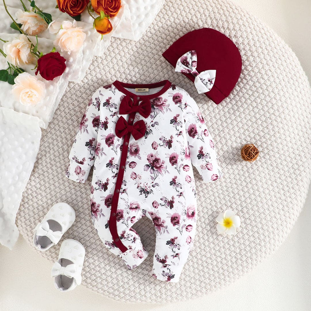 Girls Maroon Floral Print Full Sleeves Jumpsuit Jumpsuits Maroon 0-3 M 