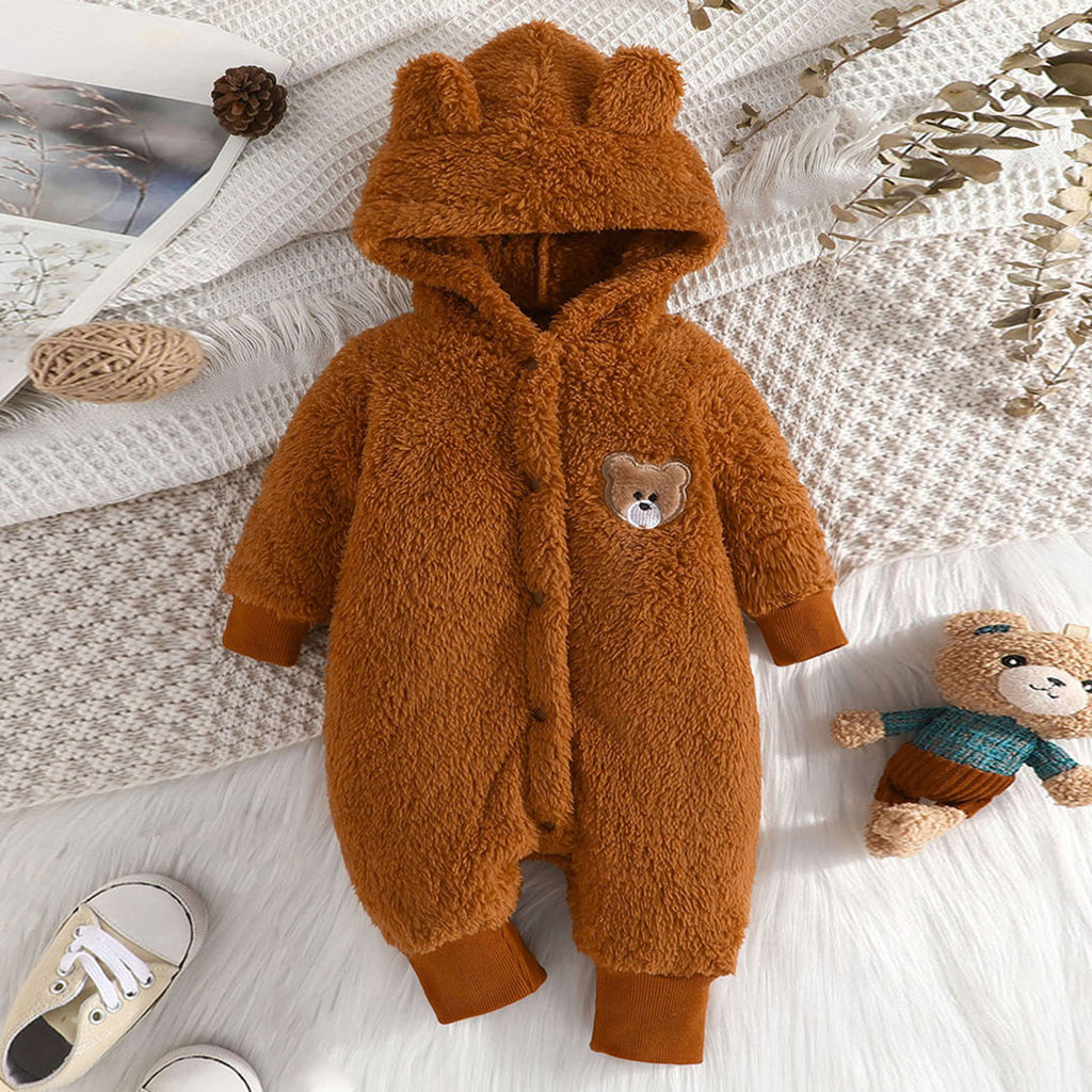 Boys Brown Bear Patch Work Full Sleeves Jumpsuit Jumpsuits Brown 0-3 M 