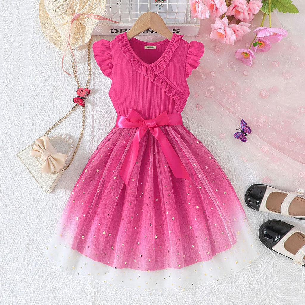 Girls Pink Embellished Puff Sleeves Fit & Flare Dress Casual Dresses Pink 2-3 Y 