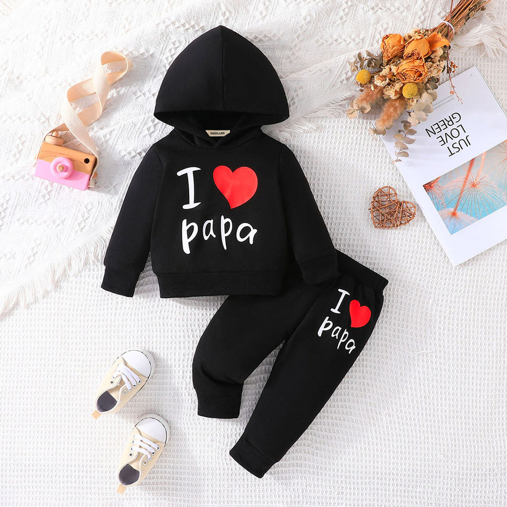 Boys Black Printed Hooded Sweatshirt with Pants Set Sets Black 3-6 M 