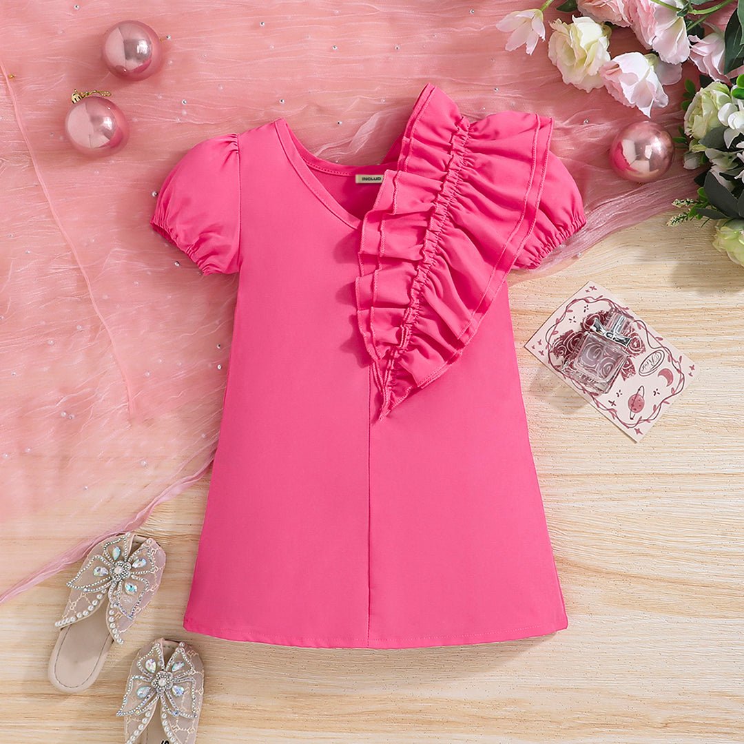 Girls Pink Puff Sleeves A-line Dress Casual Dresses Pink 2-3 Y 