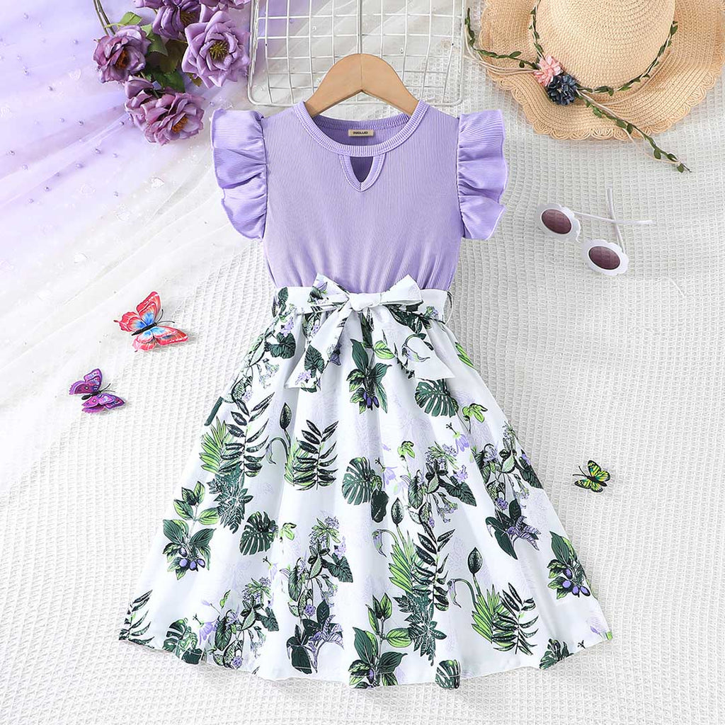 Girls Purple Floral Print Flared Sleeves Fir & Flare Dress Casual Dresses Purple 7-8 Y 