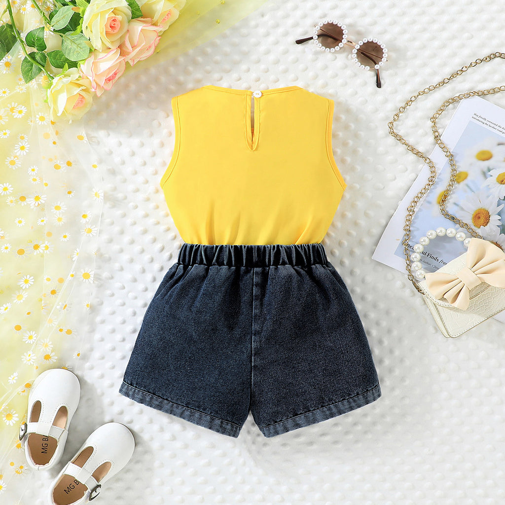 Girls Yellow Sleeveless Top with Beaded Shorts Set Sets Yellow 2-3 Y 