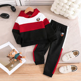 Boys Red Colorblocked Hooded Sweatshirt with Pants Set