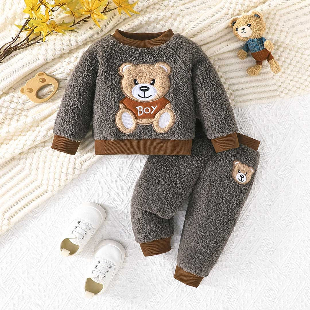 Boys Dark Grey Bear Patchwork Full Sleeves Sweatshirt With Pants Set Sets Dark Grey 6-9 M 