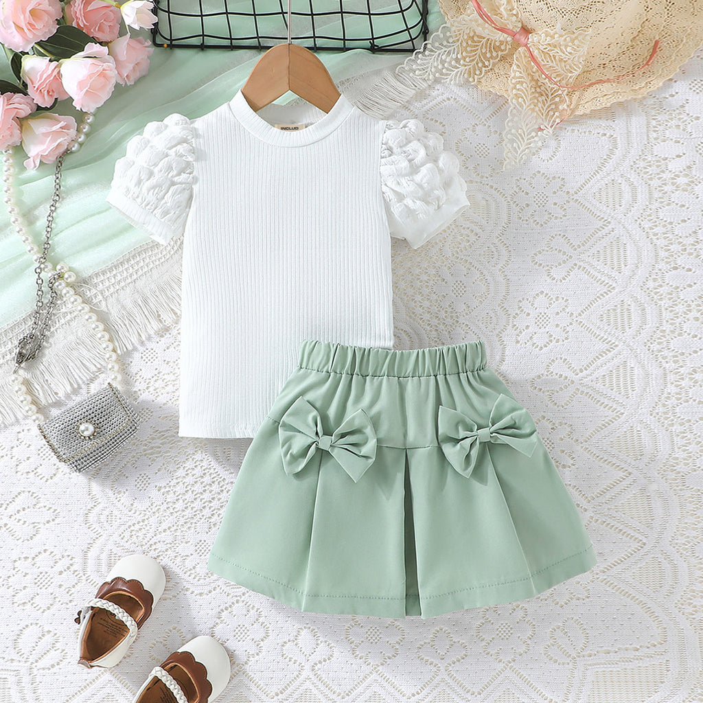 Girls Green Knitted Puff Sleeves Top with Skirt Set Sets Green 4-5 Y 