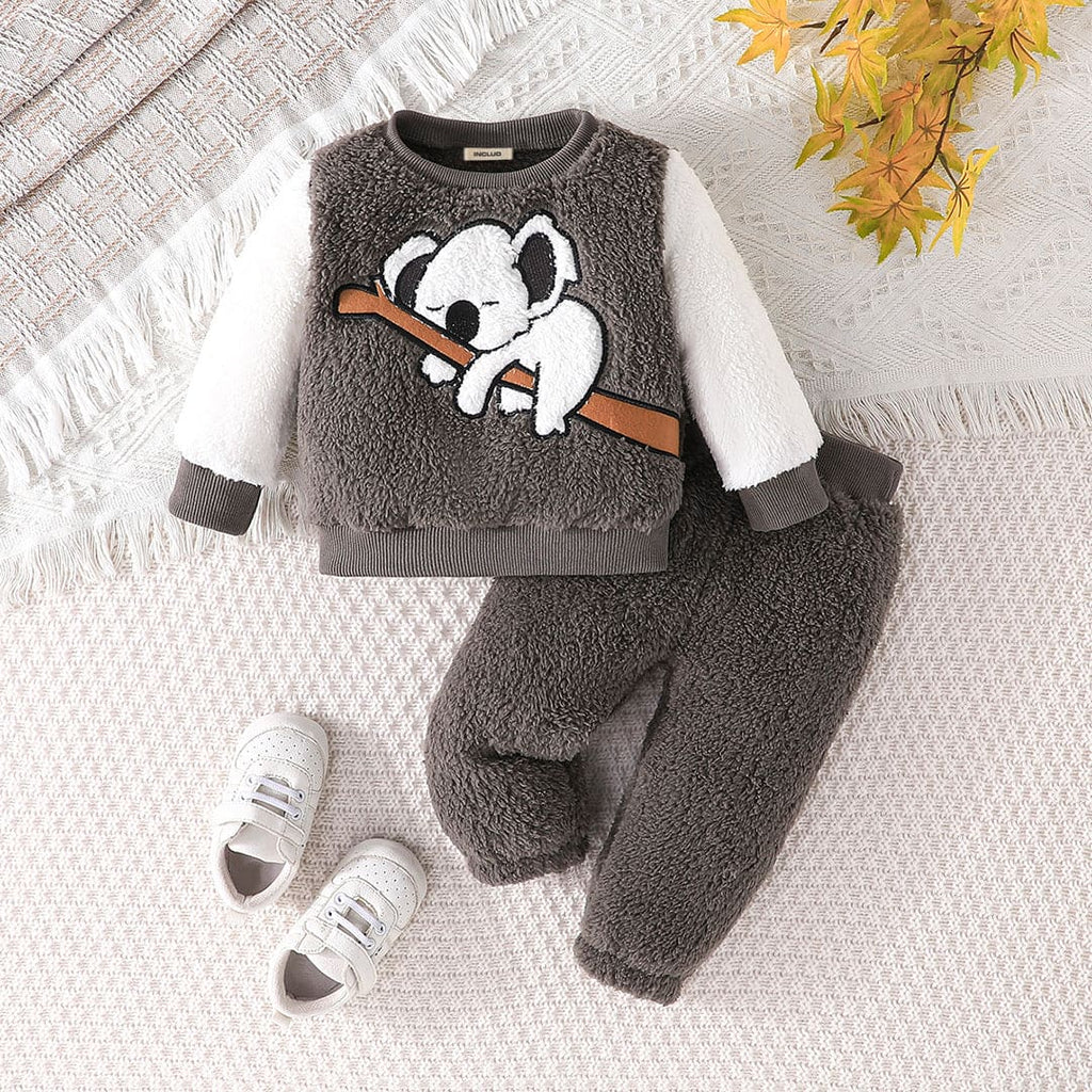 Boys Grey Patchwork Fleece Sweatshirt with Pants Set Sets Gray 6-9 M 