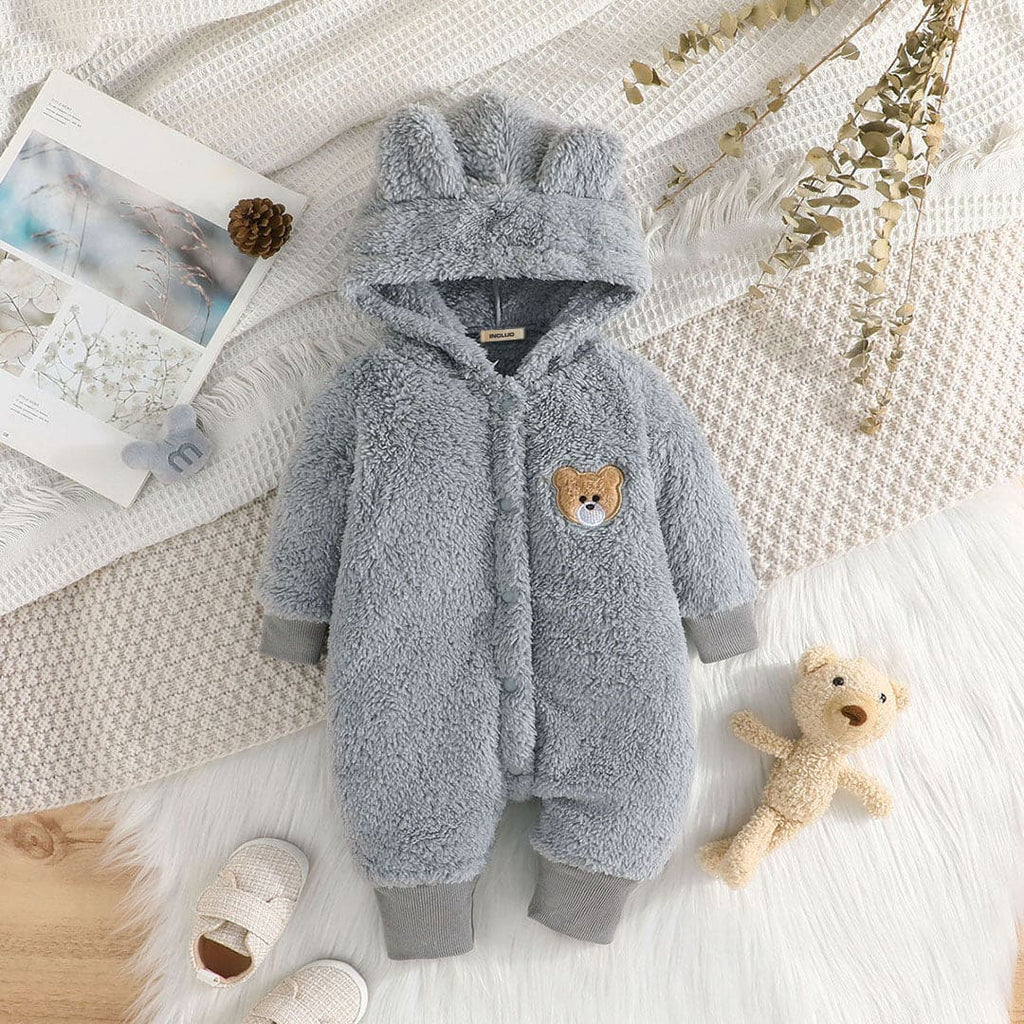 Boys Light Grey Full Sleeves Hooded Jumpsuit Jumpsuits Grey 0-3 M 