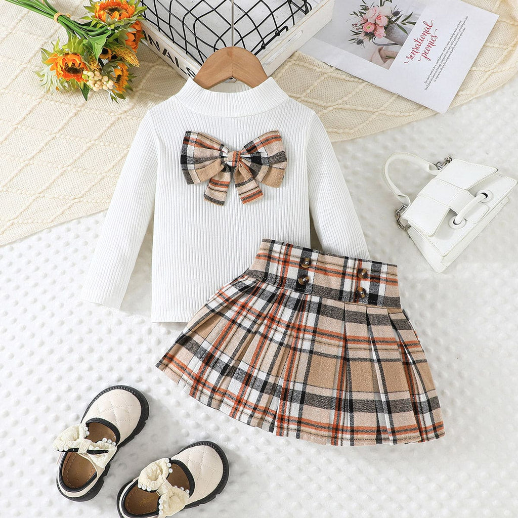 Girls Khaki Knitted Pullover with Checkered Print Skirt Set Sets Khaki 2-3 Y 