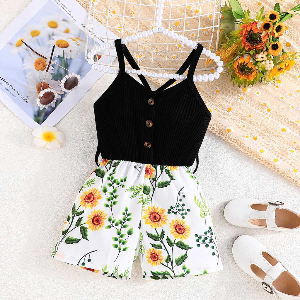 Girls Black Sleeveless Floral Printed Short Length Jumpsuit Jumpsuits Black 18-24 M 