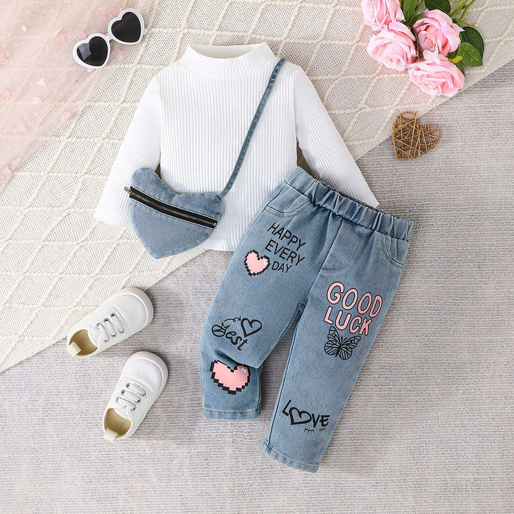 Girls White Turtle Neck Top With Heart Print Denim Pants Set Sets White 6-9 M 