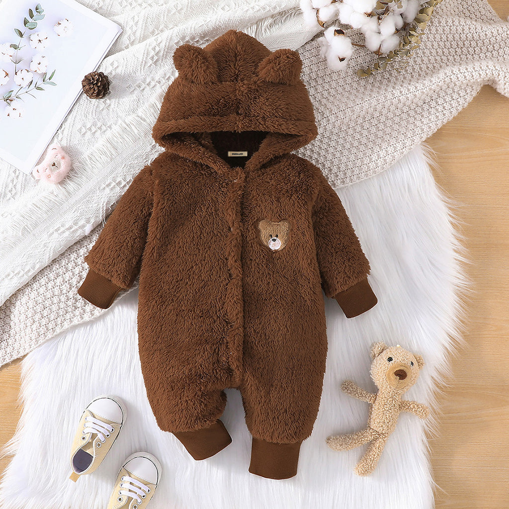 Boys Brown Fleece Bear Patchwork Hooded Jumpsuit Jumpsuits Brown 0-3 M 