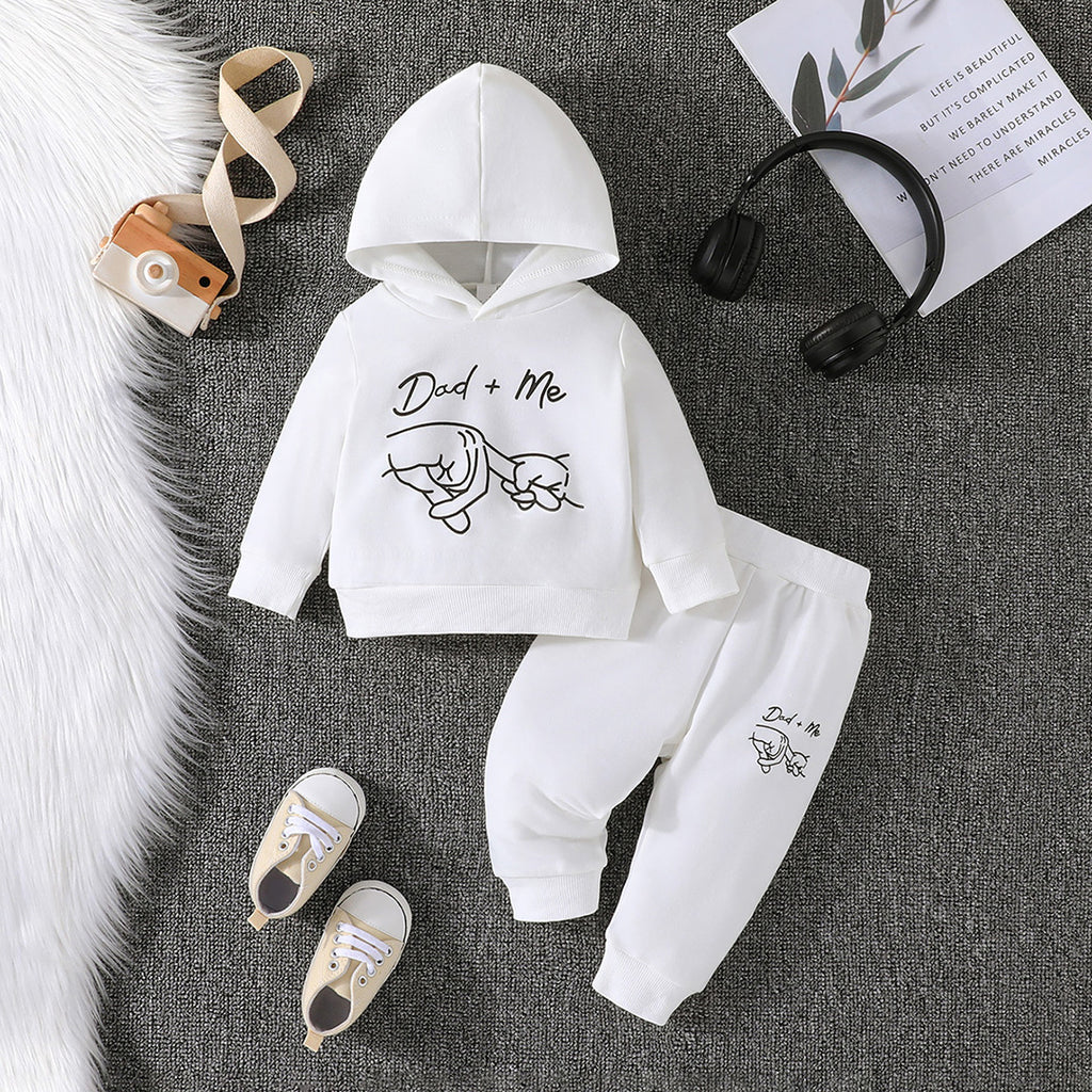 Boys White Printed Hooded Sweatshirt with Pants Set Sets White 3-6 M 