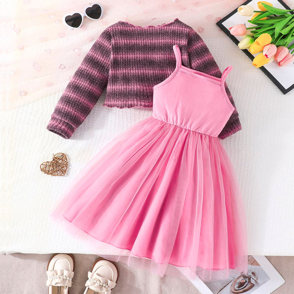 Girls Pink Fit & Flare Casual Dress with Printed Fleece Shrug Casual Dresses   