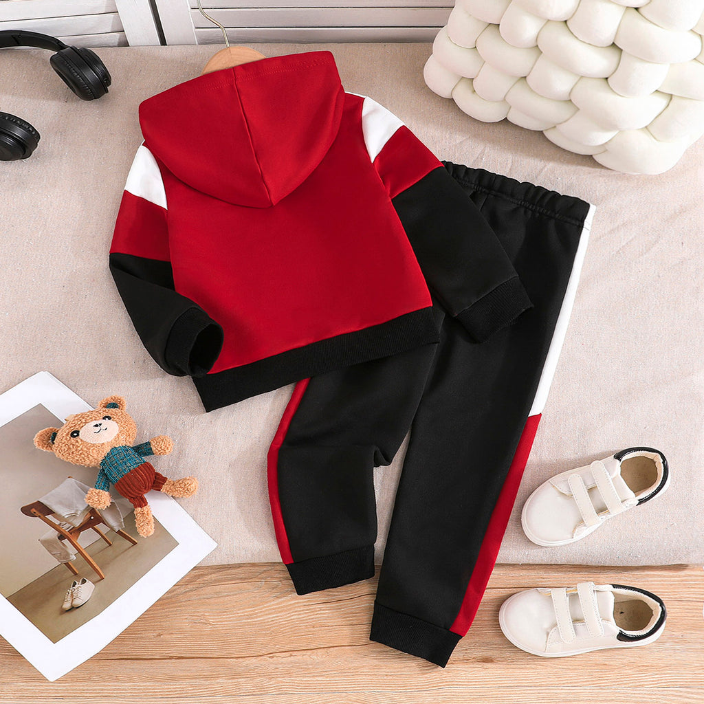 Boys Red Colorblocked Hooded Sweatshirt with Pants Set Sets   