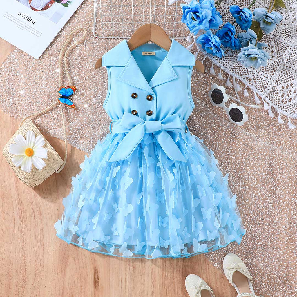 Girls Blue Butterfly Applique Sleeveless Fir & Flare Casual Dress Casual Dresses Blue 2-3 Y 