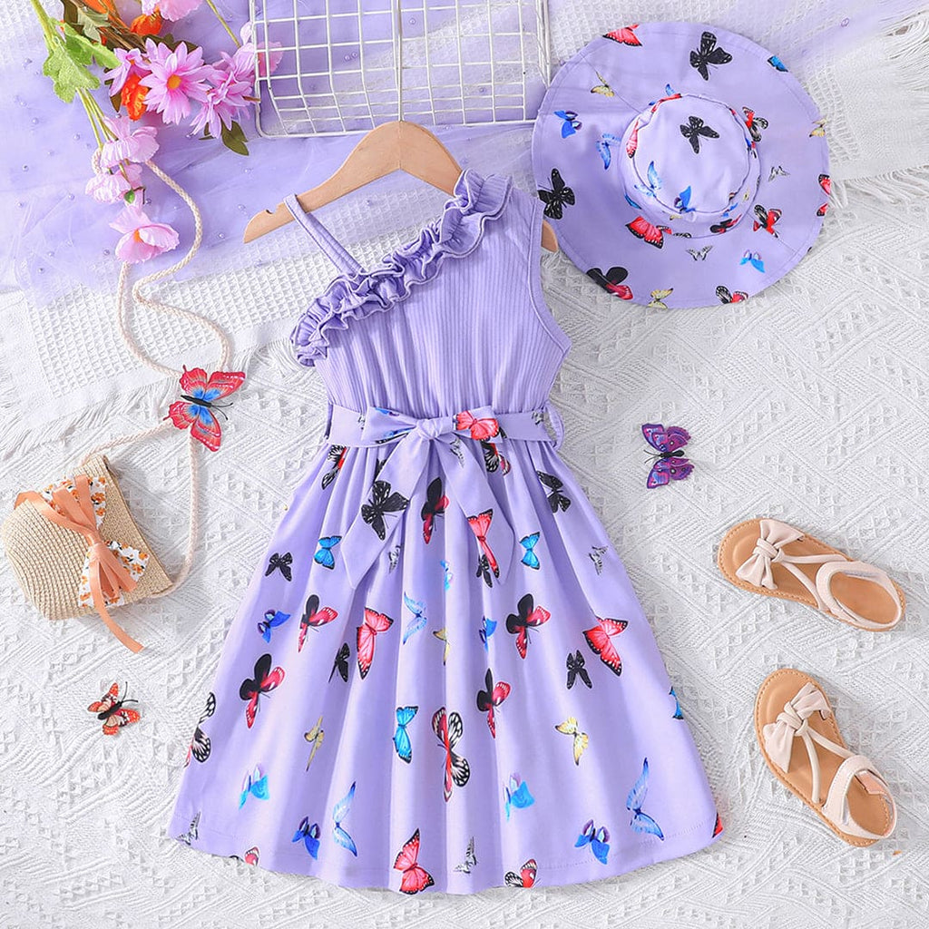 Girls Purple Butterfly Print Shoulder Straps Fit & Flare Casual Dress Casual Dresses Purple 2-3 Y 