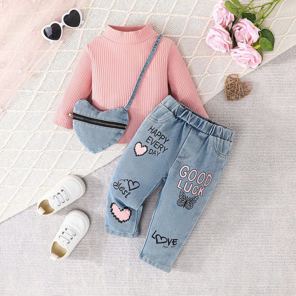 Girls Pink Long Sleeve Turtle Neck Top With Denim Pants Set Sets Pink 6-9 M 