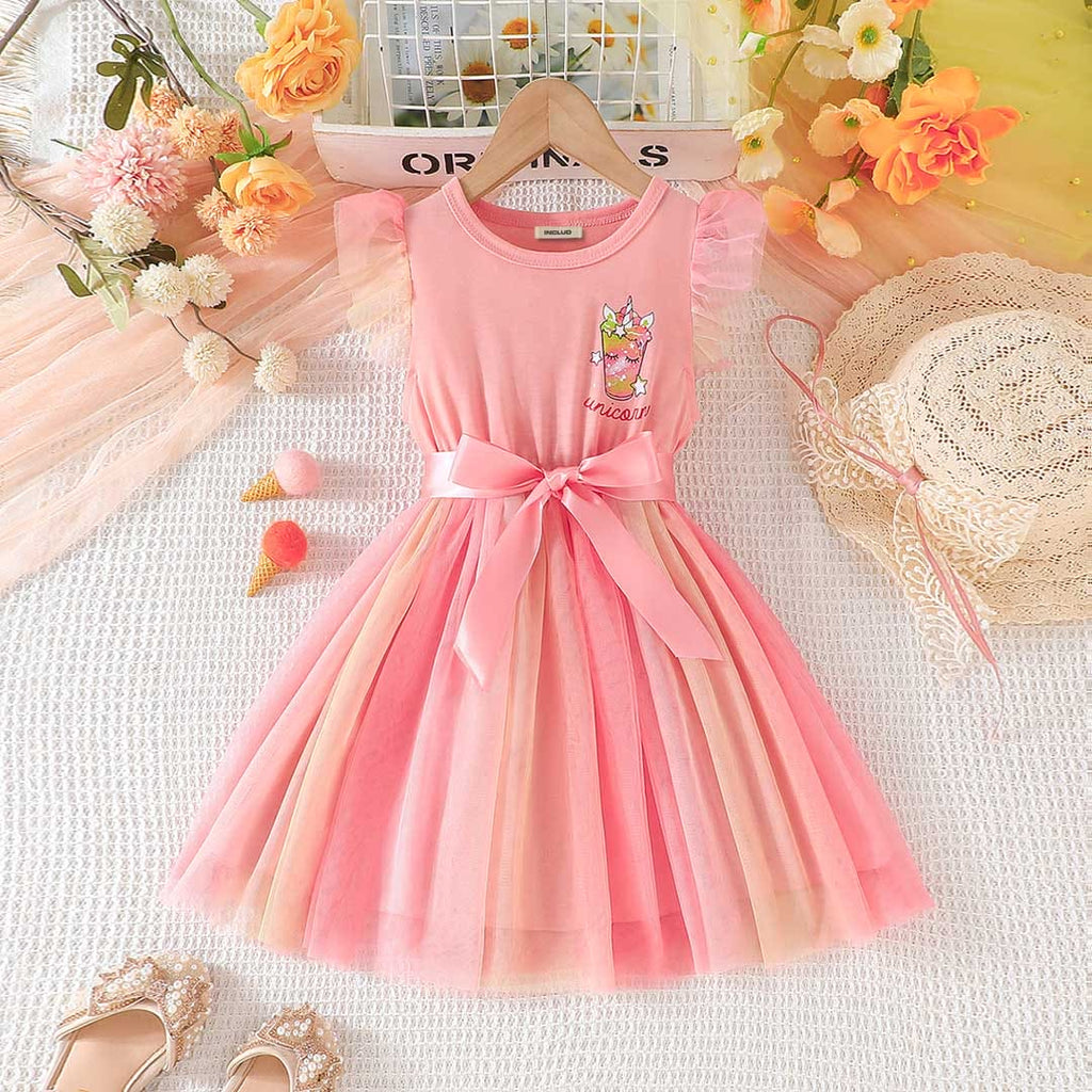 Girls Pink Flutter Sleeves Tulle Dress Casual Dresses Pink 2-3 Y 