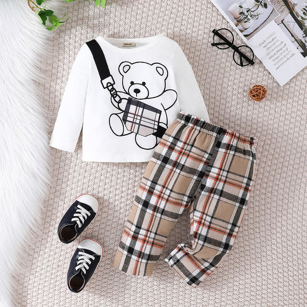 Boys White Graphic Print Full Sleeves T-shirt with Checkered Print Pants Set Sets White 6-9 M 