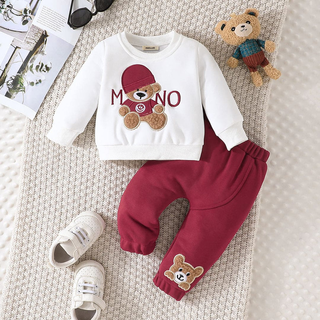 Boys White Patchwork Full Sleeves Sweatshirt with Sweatpants Set Sets White 3-6 M 