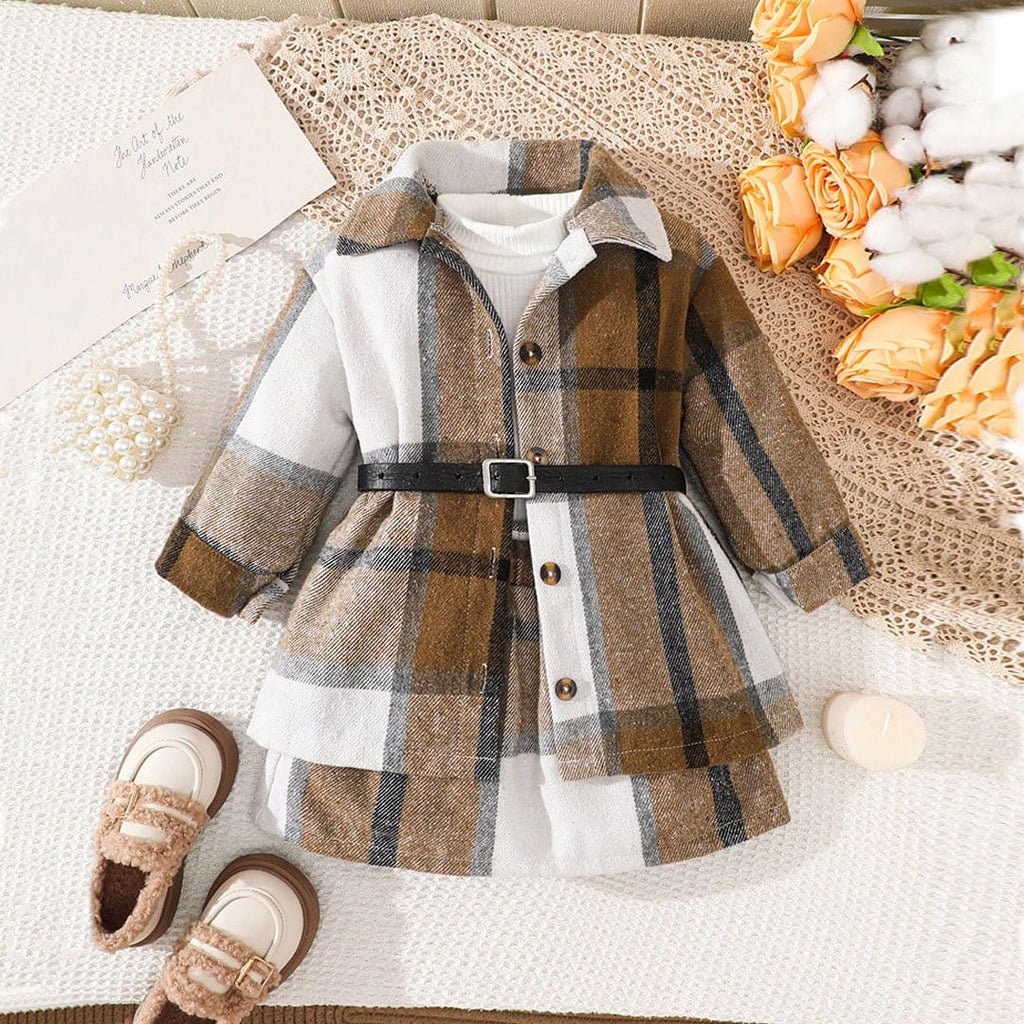 Girls Light Brown Checkered Print Full Sleeves Shirt with Pullover & Skirt Set Sets Light Brown 6-9 M 