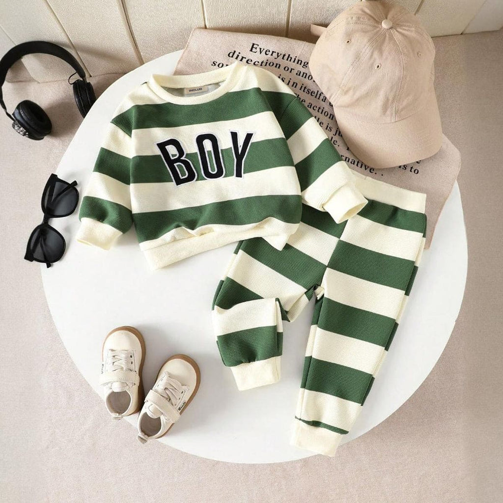 Boys Green Striped Sweatshirt with Trouser Sets Sets Green 6-9 M 