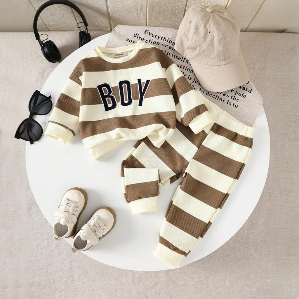 Boys Brown Striped Sweatshirt with Trouser Set Sets Brown 6-9 M 