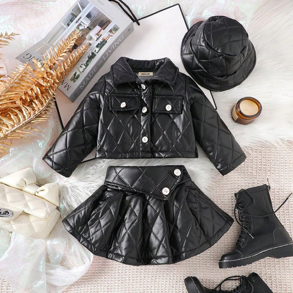 Girls Black Faux Leather Jacket with Skirt Set Sets Black 6-9 M 