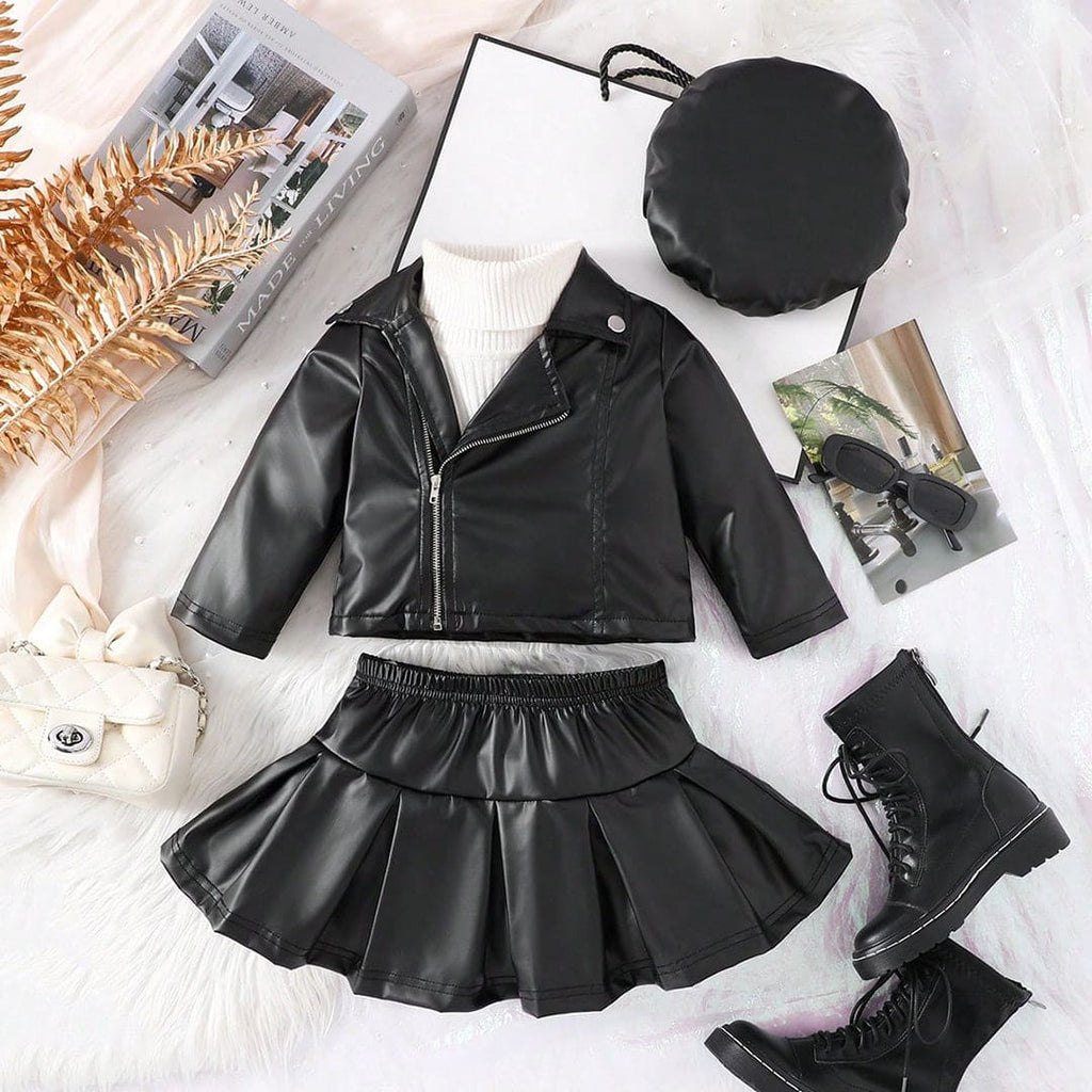 Girls Black Faux Leather Jacket with Top & Skirt Set Sets Black 6-9 M 