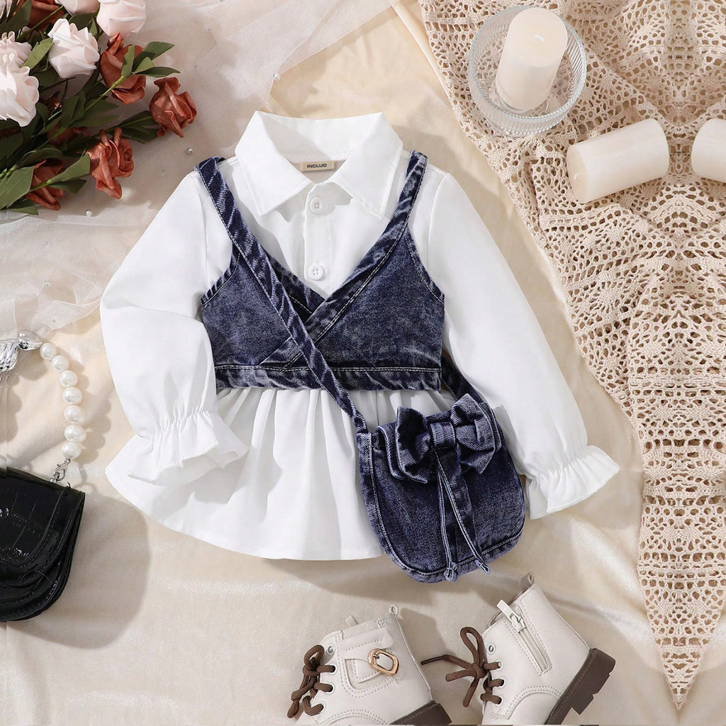 Girls White Puff Sleeves Top with Sleeveless Denim Jacket Tops White 6-9 M 