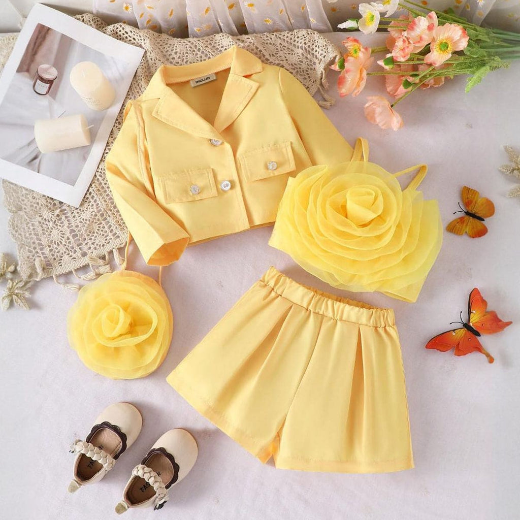 Girls Yellow Rose Applique Top with Jacket & Shorts Set Sets Yellow 6-9 M 