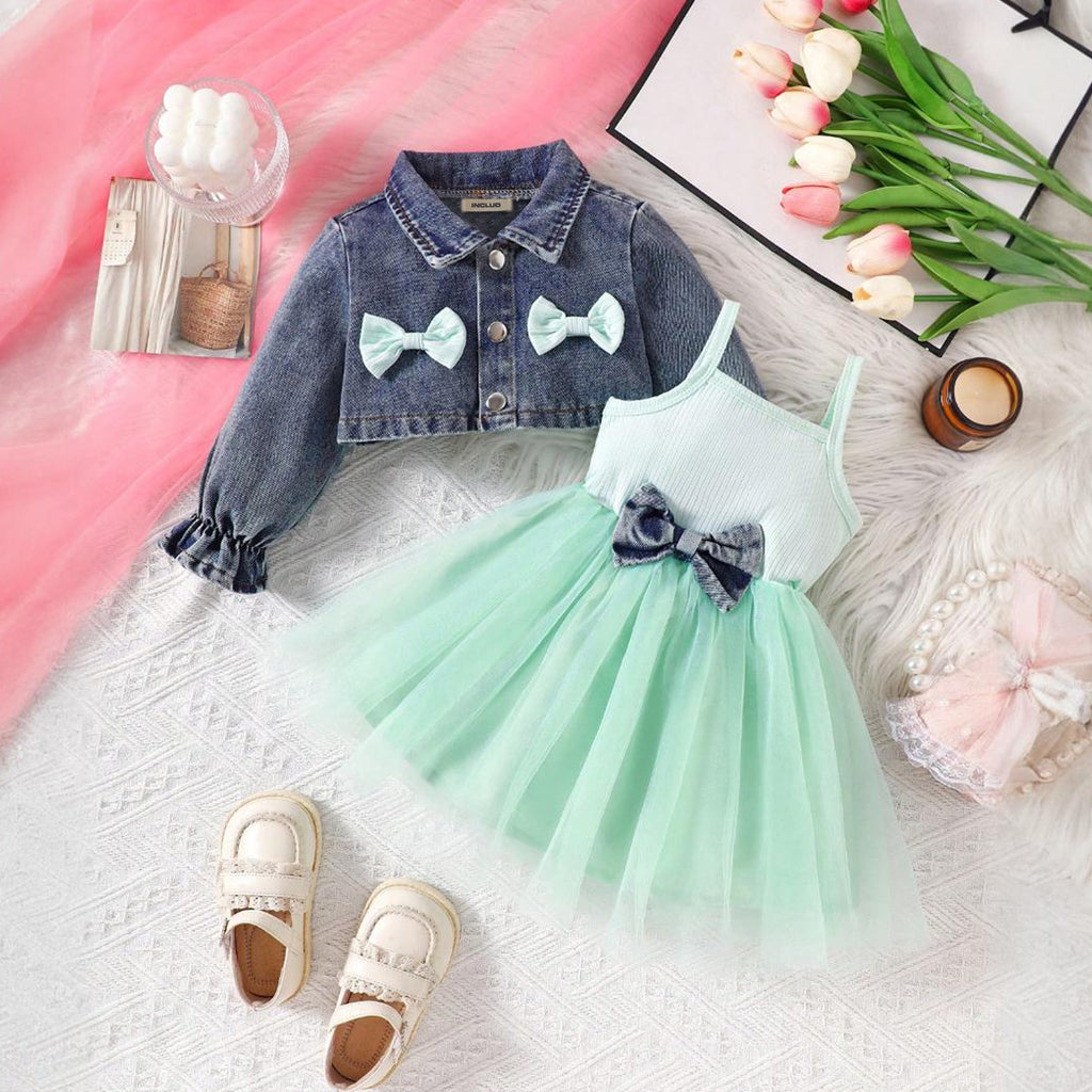 Girls Green Fit & Flare Casual Dress with Denim Jacket Casual Dresses Green 6-9 M 