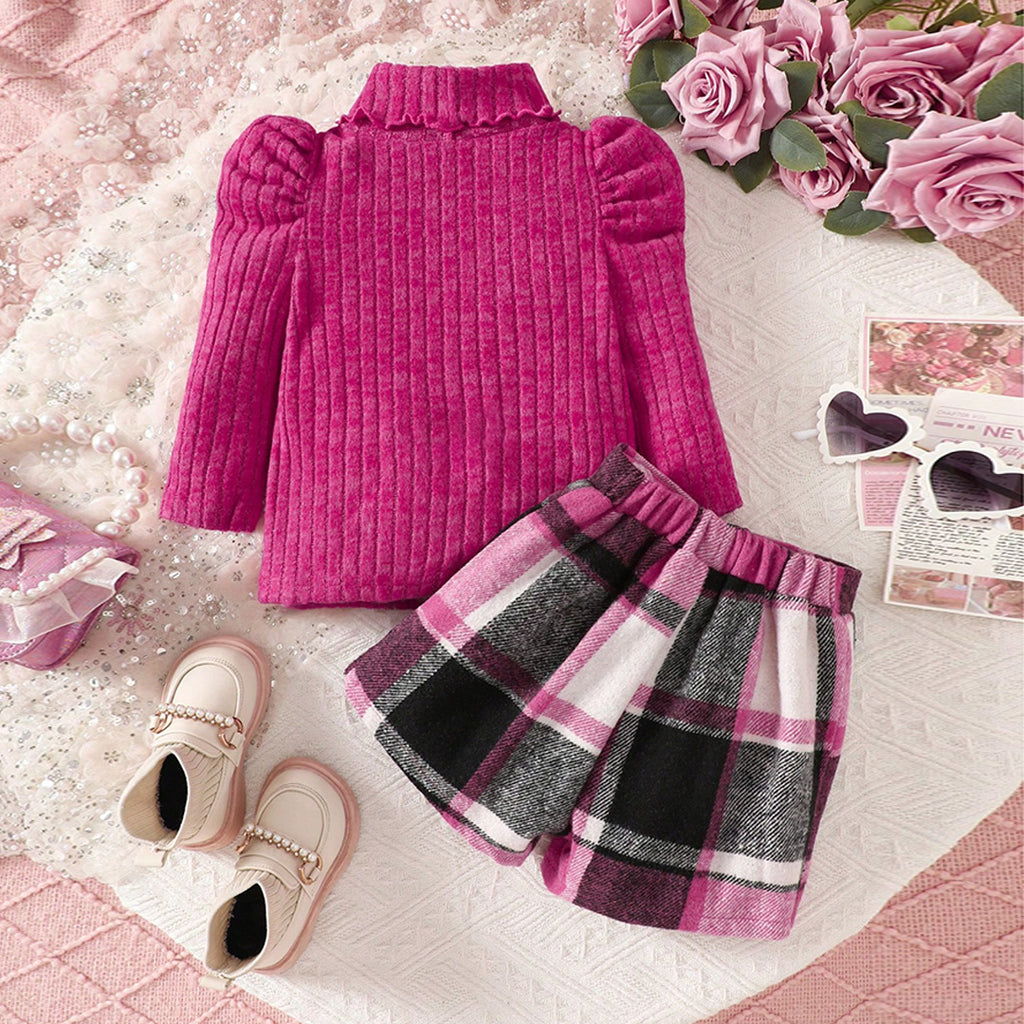 Girls Purple Knitted Puff Sleeves Pullover with Checkered Skirt Sets Sets Purple 6-9 M 