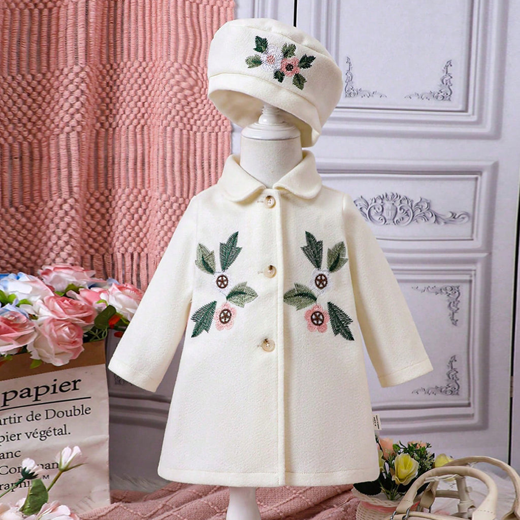 Girls White Embroidered Full Sleeves A-line Long Jacket Coats & Jackets White 6-9 M 